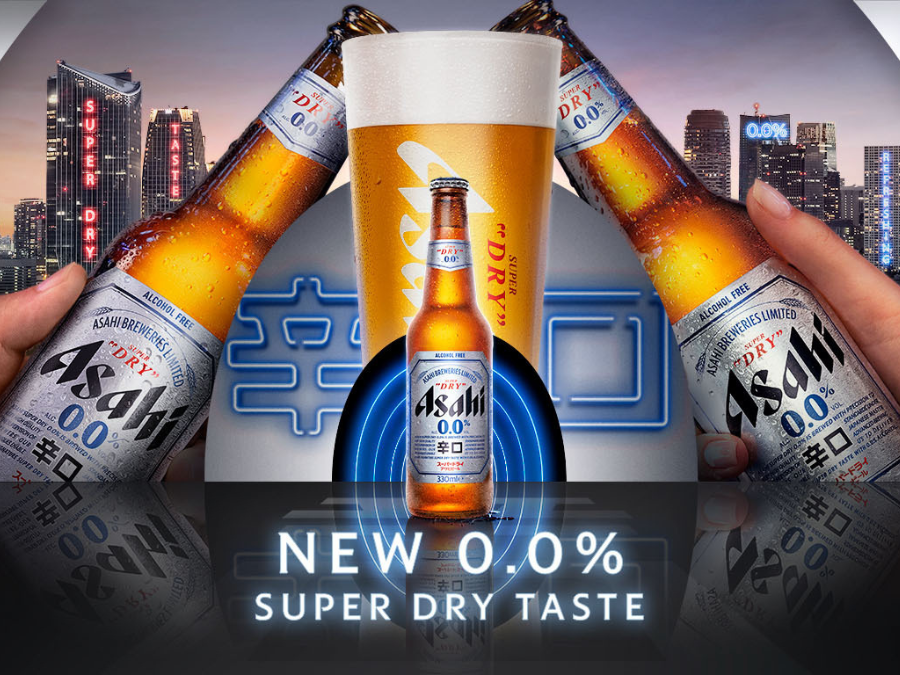 A poster of Asahi 0.0% Super Dry featuring the Tokyo skyline, two bottles of Asahi 0.0% "cheersing" each other, a pint of Asahi Super Dry 0.0%. Across the bottom is the text "New 0.0% Super Dry Taste" in a neon font. 