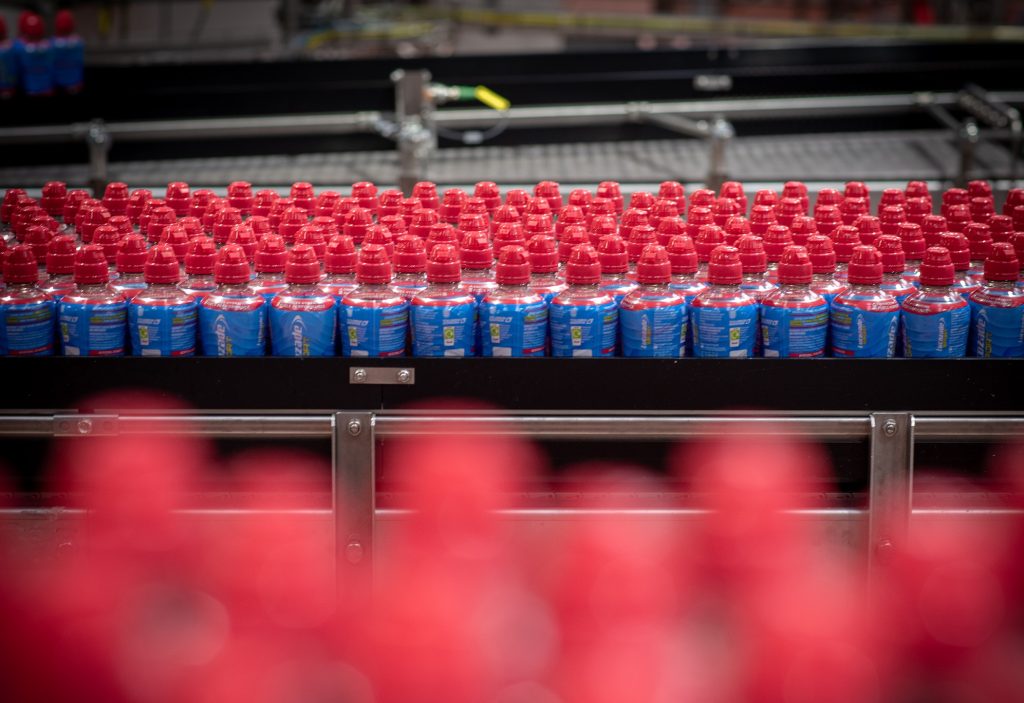 Lucozade Sport drinks on production line