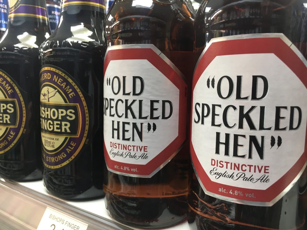 Bottles of Bishops Finger and Old Speckled Hen on sale at a Premier convenience store, Sidcup, London, 23 June 2023