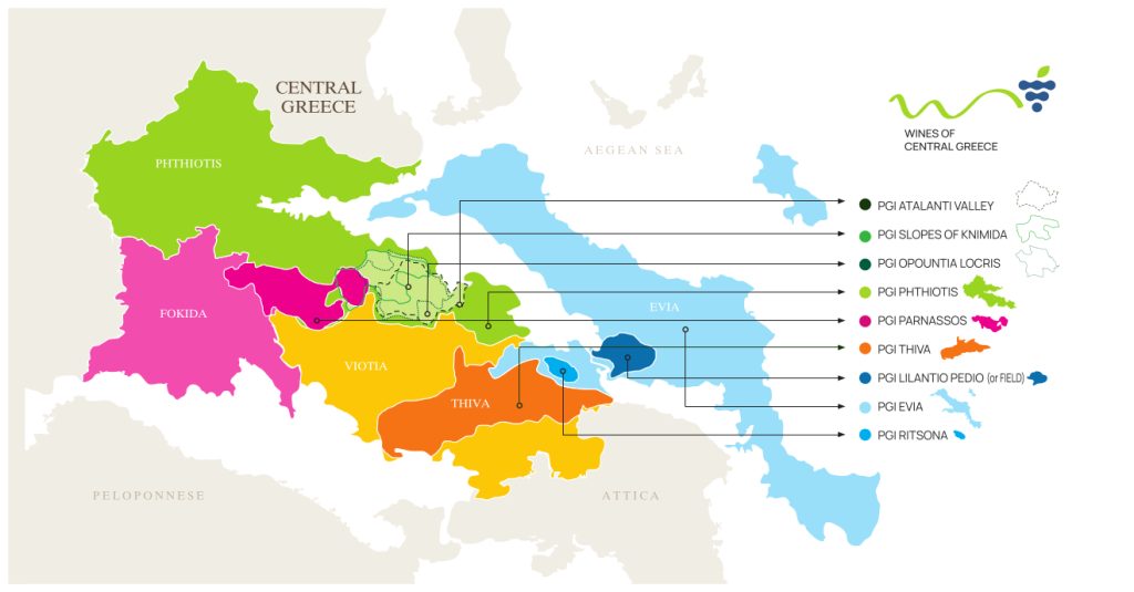 A map showing the nine PGIs of Central Greece's wines.