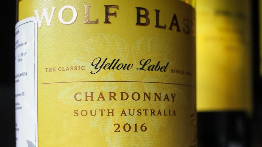 A close-up of a Wolf Blass wine label