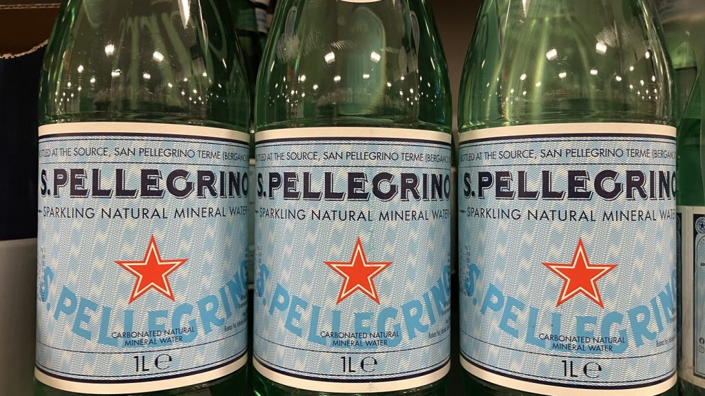 Bottles of Nestlé water brand S. Pellegrino on sale in Morrisons, Sidcup, United Kingdom, 19 November 2024