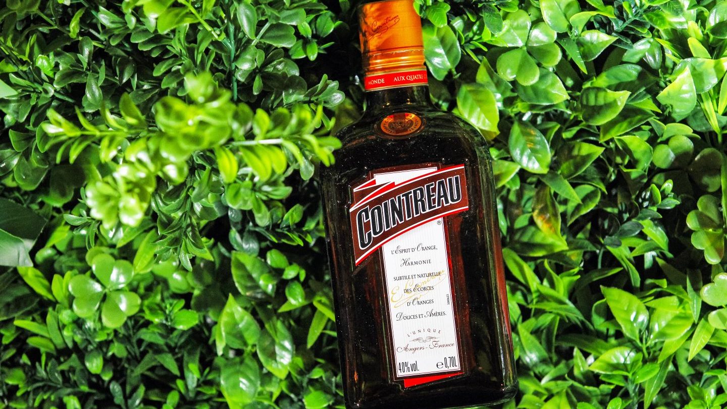 Cointreau liqueur bottle on a background of green leaves in Kiev, Ukraine, 02 February 2019